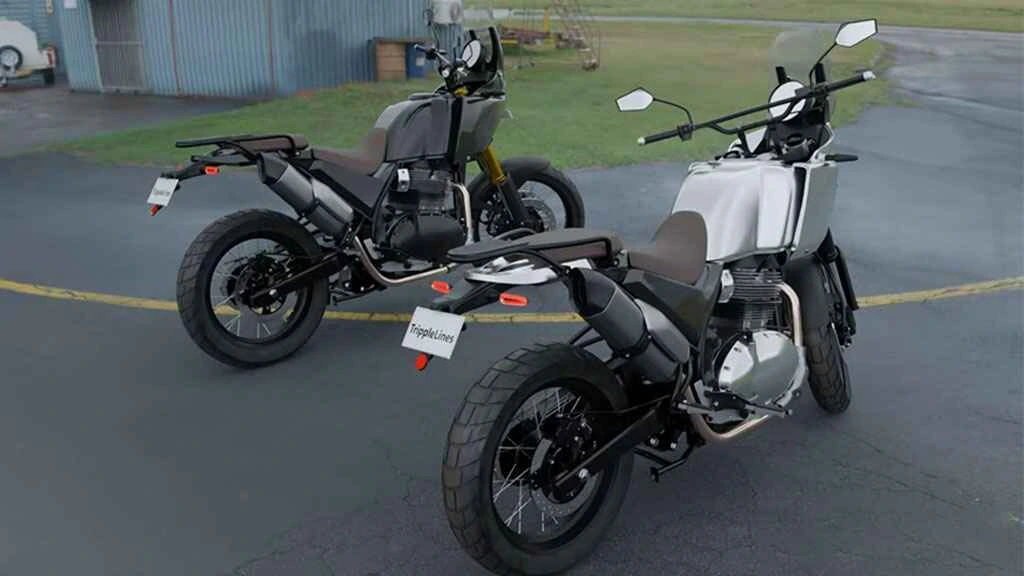 Side profile showing split seat, half fairing and upswept exhaust of Himalayan 750