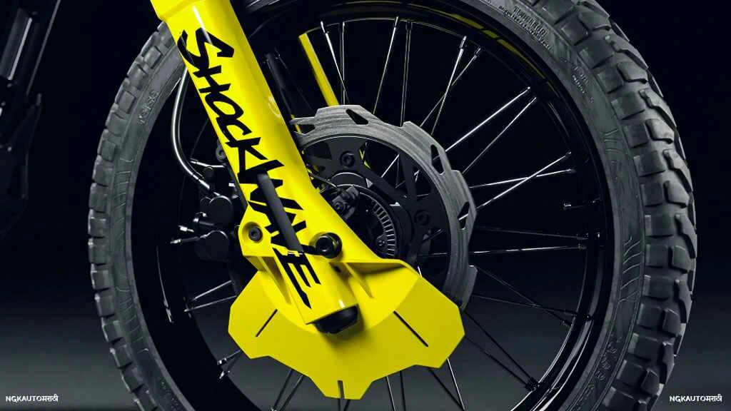 Ultraviolette Shockwave 19/17-इंच स्पोक व्हील्स आणि लांब-ट्रॅव्हल सस्पेन्शनसह उभी